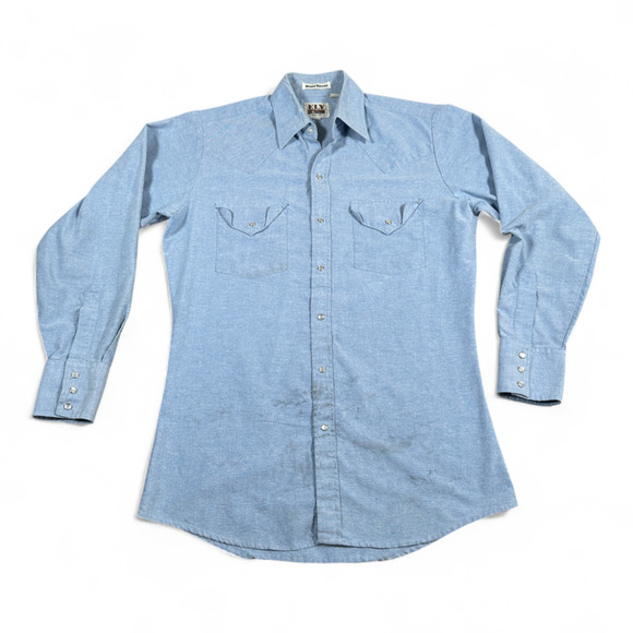 Vintage Ely Cattleman Western Shirt Adult SMALL Blue Chambray Cowboy Pearl Snap - Picture 1 of 9